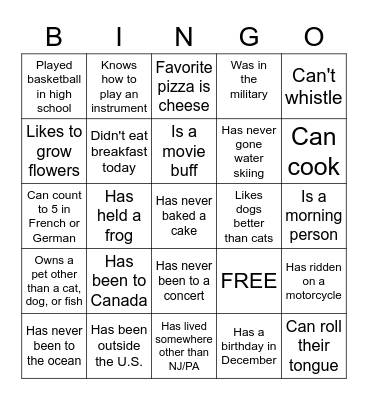 Getting to Know You Bingo Card