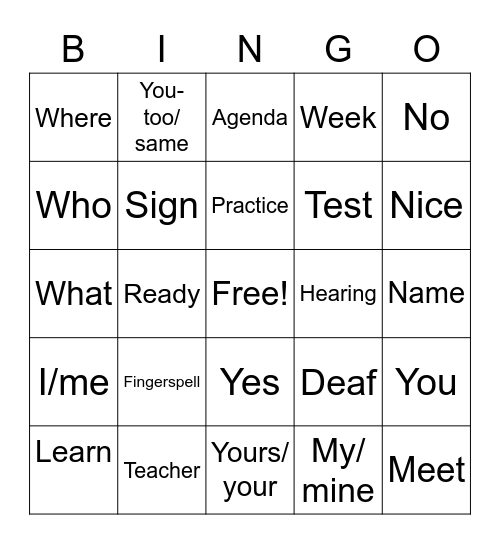 ASL 1 Vocab Review Bingo Card