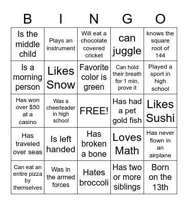 Getting to know you Bingo Card