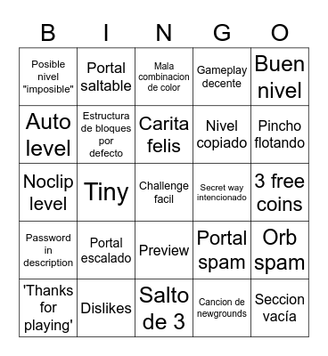 GD: Recent Level Bingo Card