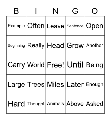 Sight Word Bingo Card