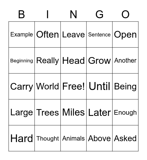 Sight Word Bingo Card