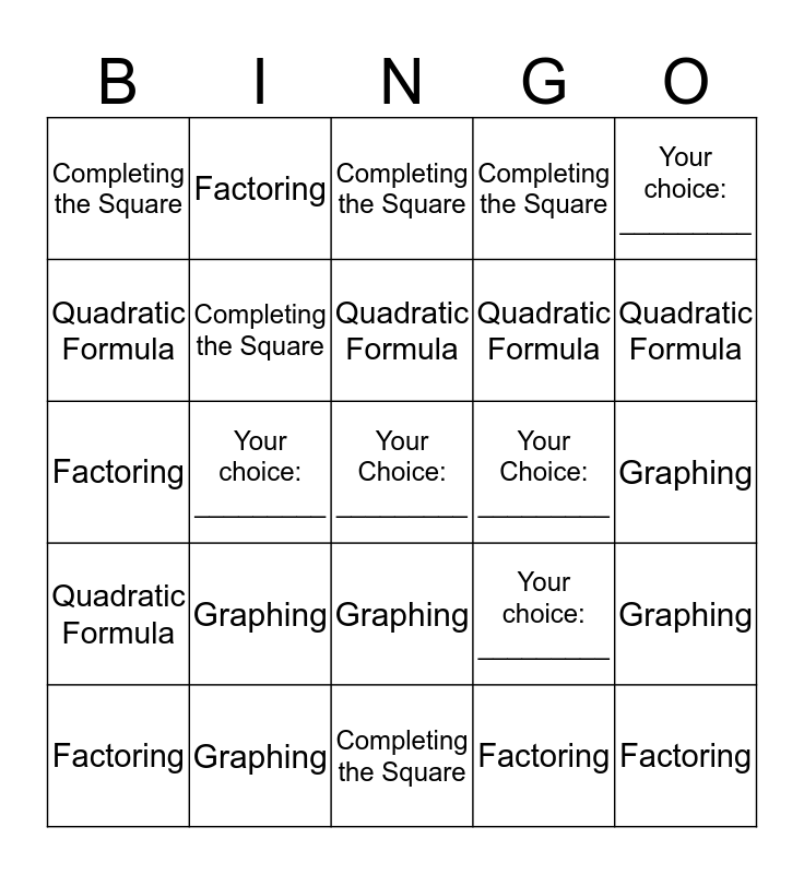Solving Quadratics Practice Bingo Card