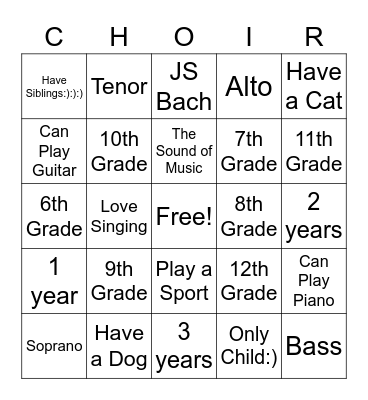 Get to know your singers Bingo Card