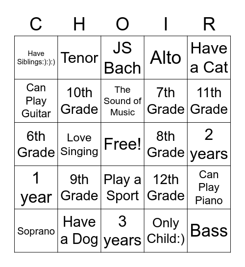 Get to know your singers Bingo Card