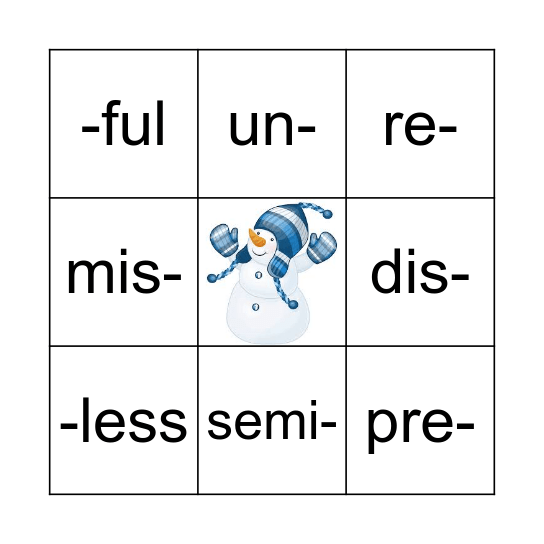 Common Prefix/ Suffix Bingo Card