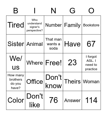 ASL 2 Vocab Review Bingo Card