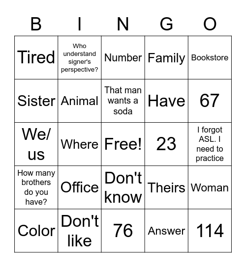 ASL 2 Vocab Review Bingo Card