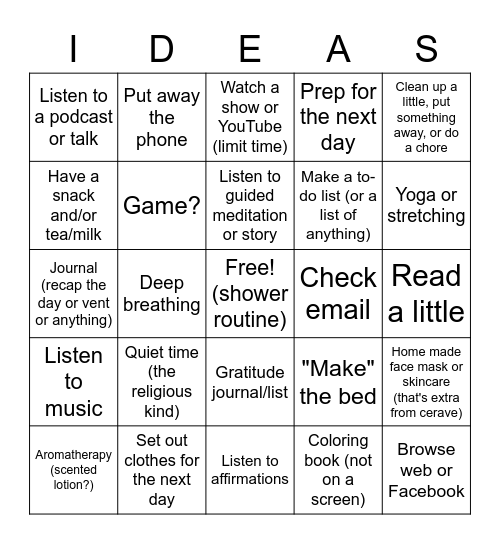 Bedtime ideas Bingo Card