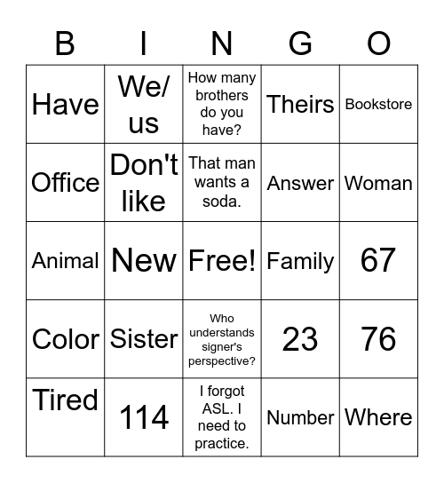 ASL 2 Vocab Review Bingo Card