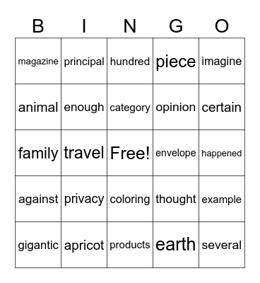 Sight Word Bingo Card