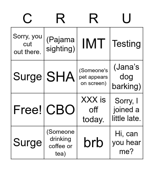 CRRU BINGO Card