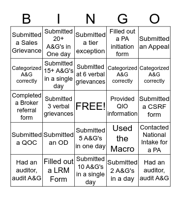 A&G Bingo Card