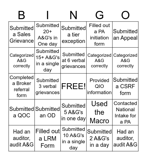 A&G Bingo Card