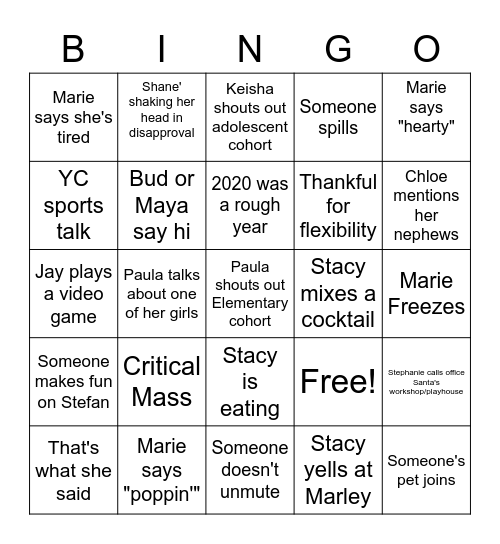 Staff Toast Bingo Card