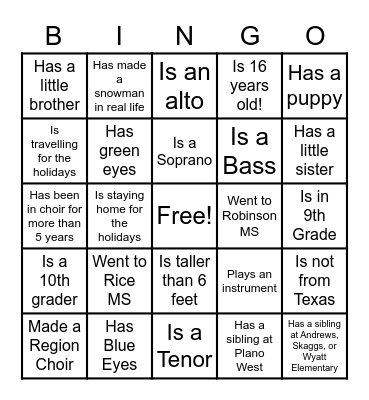 Jasper Choir Winter Bingo Card