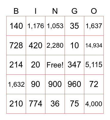 Multiplication / Division Bingo Card