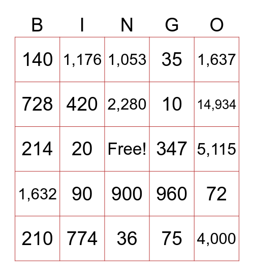 Multiplication / Division Bingo Card