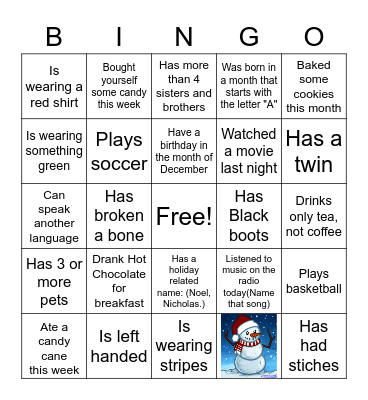 Pre-Winter Break for students Bingo Card