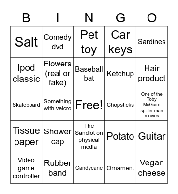 Holiday Bingo Scavenger Hunt - Alex will call out the items and when he does you will go look for the item if it is on your board and mark the item on your board. Yell Bingo when you get 5 in a row Bingo Card