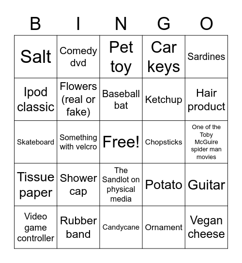 Holiday Bingo Scavenger Hunt - Alex will call out the items and when he does you will go look for the item if it is on your board and mark the item on your board. Yell Bingo when you get 5 in a row Bingo Card