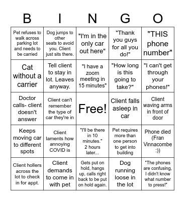 COVID CURBSIDE VETERINARY Bingo Card