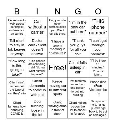 COVID CURBSIDE VETERINARY Bingo Card