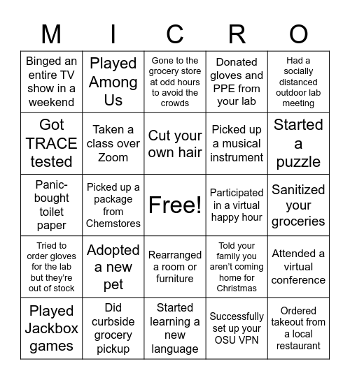 Microbiology Holiday Gathering Bingo Card