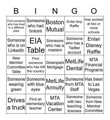 Find the names or get initial for five squares in row  Bingo Card