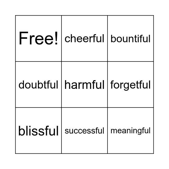 WORDO: Suffix -ful Bingo Card