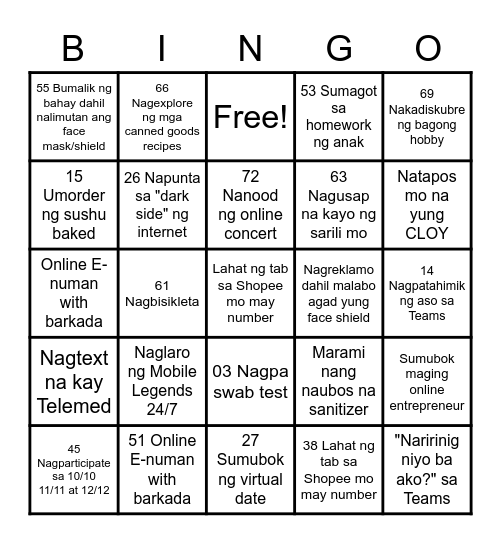 Pandemic Bingo Card