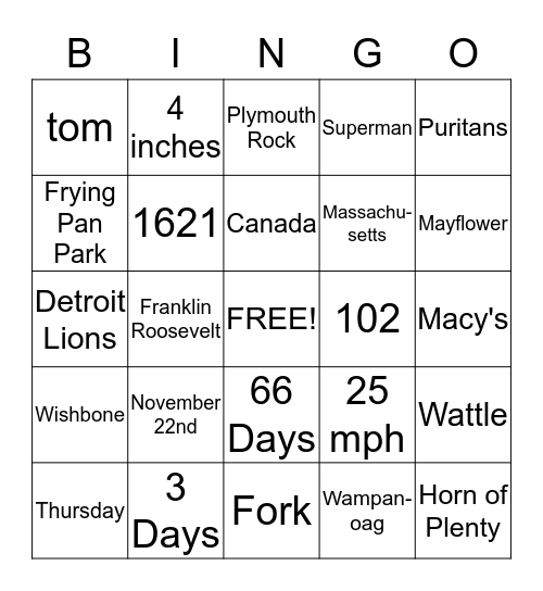 Thanksgiving Trivia Bingo Card