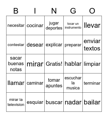 Spanish  -AR  Verbs Bingo Card