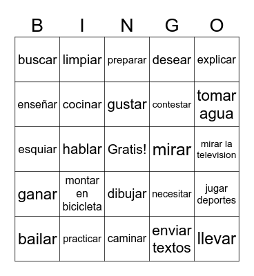 Spanish  -AR  Verbs Bingo Card
