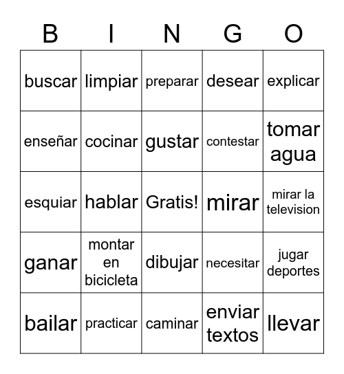 Spanish  -AR  Verbs Bingo Card