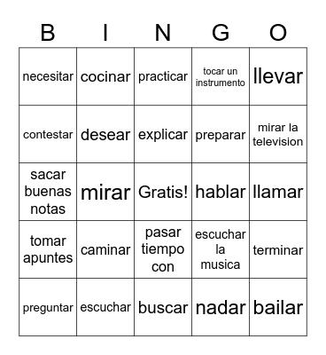 Spanish  -AR  Verbs Bingo Card