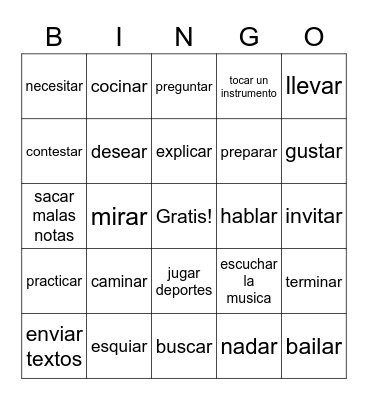 Spanish  -AR  Verbs Bingo Card