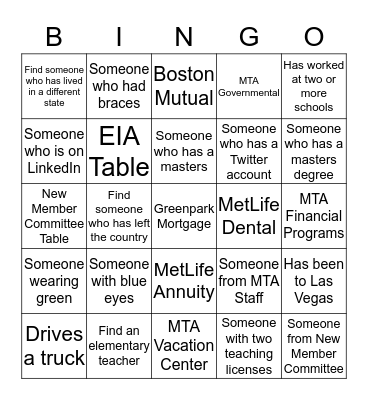 Get five in a row and submit your card for entry at the New Member Committee table! Introduce yourself, write names or get stickers!  Bingo Card