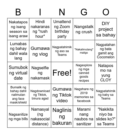 Pandemic Bingo Card