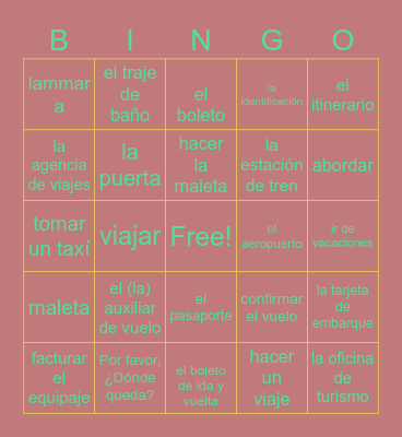 spanish vocab Bingo Card