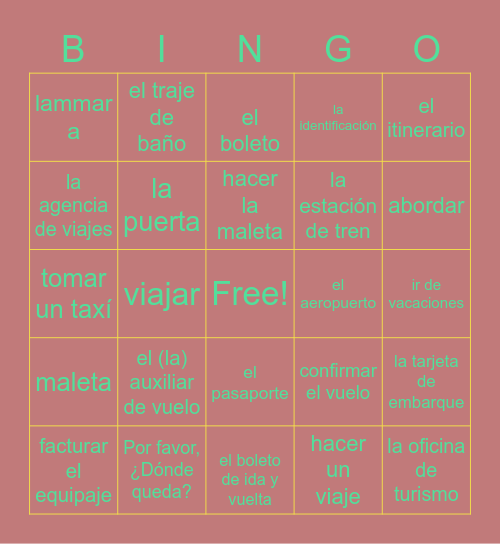 spanish vocab Bingo Card