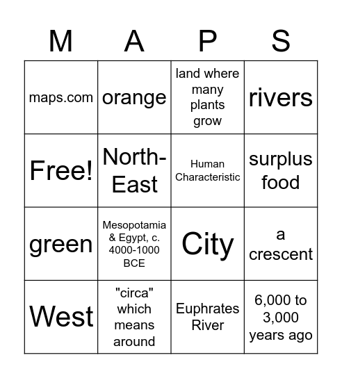 Civilization, Sources, & Geography Bingo Card