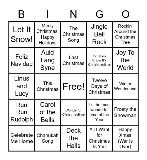 Holiday Songs Bingo Card