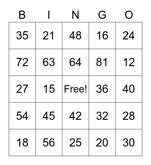 MULTIPLICATION FACTS Bingo Card