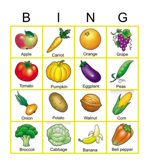 Fruits and Vegetables Bingo Card