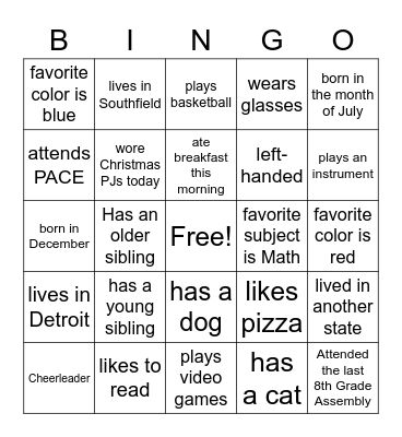 Student Bingo Card