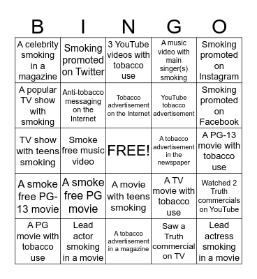 Reality Check - Smoke Free Media   Bingo Card