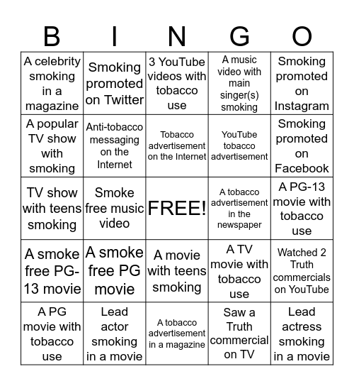 Reality Check - Smoke Free Media   Bingo Card