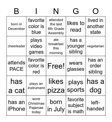 8th Grade Bingo Card