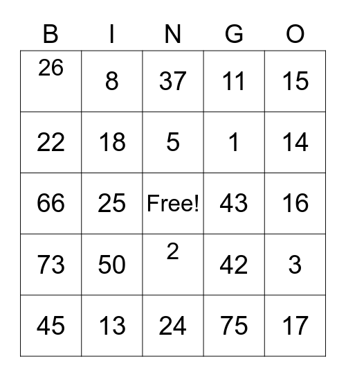 NUMBER BINGO 1-75 Bingo Card